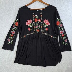 ADIVA Women Black Floral Embroidered Peplum Top Long Sleeve Boho Blouse XL